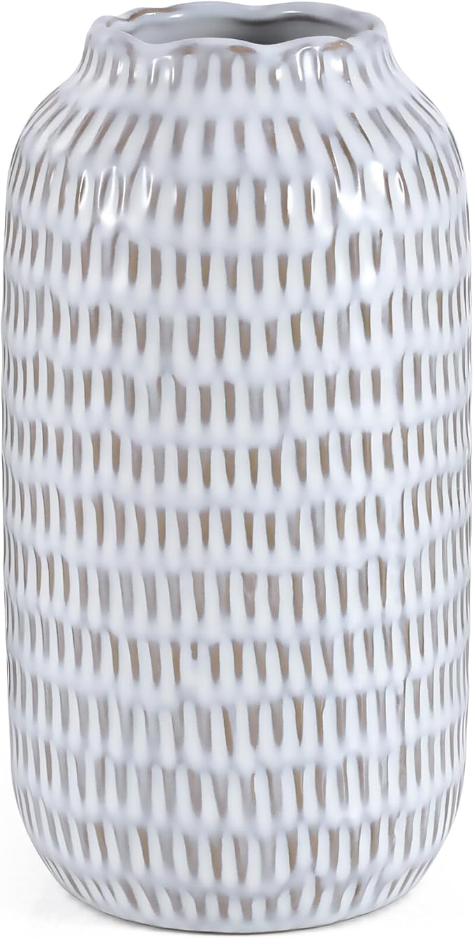 Ceramic Vase for Flowers – Modern Small Ribbed Textured Flower Vase for Home Decor, Pampas Grass, Decorative, Farmhouse, Coffee Table, Kitchen Centerpieces, Bookshelf and Home Living (Glaze White)