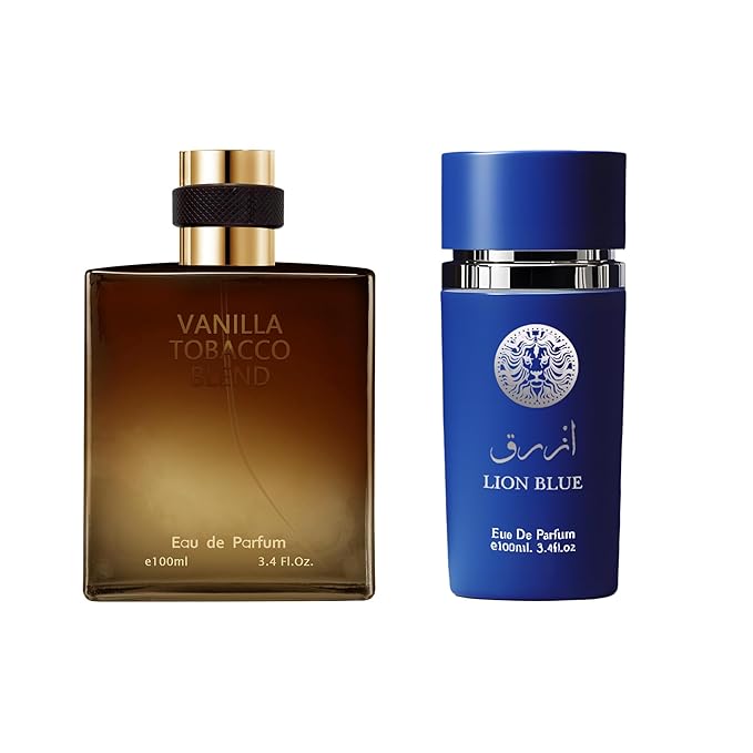 AFLUXE 2PCS Mens Perfume Cologne Long Last Strong EDP Natural Spray Gift Set, with Cocoa, Dried Fruits, Woody Fragrance for Daliy Use, 3.4 Fl Oz / 100 mL Each (Lion blue & Vanilla Tobacco)