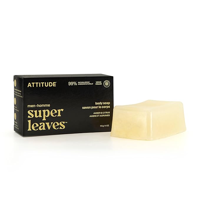 ATTITUDE Bar Soap Body Wash for Men, For Body and Hands, 99% Natural Origin Ingredients with Avocado Oil, EWG Verified, Amber & Citrus, 4 Oz