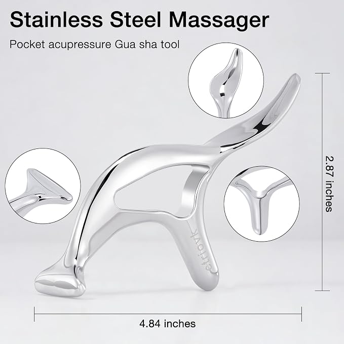 all in1 Stainless Steel Gua Sha Trigger Point Massage Tool Acupressure Deep Tissue Massager Muscle Tension Relax TMJ Headache Body Pain Relief Gua Sha Facial Tool Jawline Sculpt Muscle Scraper