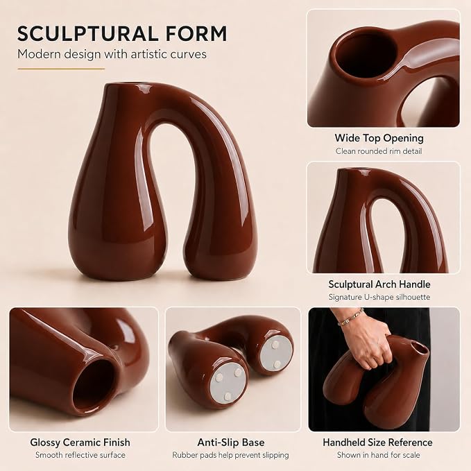 Brown Ceramic Vase for Pampas, Boho Shelf & Table Decor | Holds Dried Stems and Faux Florals - Sculptural Accent for Mantel, Console and Entryway