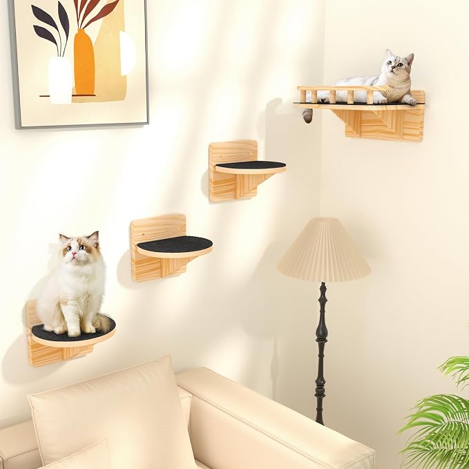 XiaZ Cat Wall Shelves, Cat Wide Climber Shelf with 3 Perch Steps, Kitty Wall Mounted Wooden Furniture up to 25lbs, Durable Floating Cats Stairs for Indoor Sleeping, Playing, Climbing and Lounging