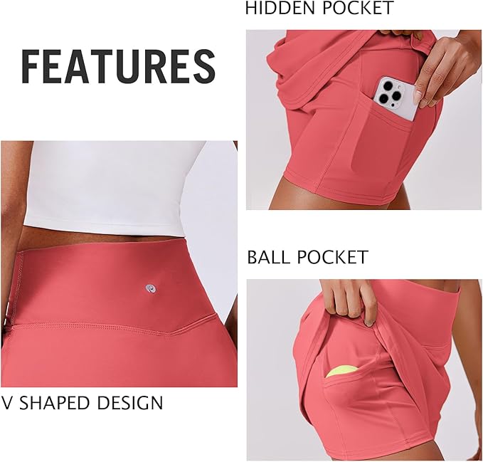 PINSPARK 14" Womens Tennis Skirt High Waisted Golf Skort with 2 Pockets | Built-in Shorts, A Line, Tummy Control, Stretchy, Casual, Mini, Workout, Pickleball, Running, Skort for Woman
