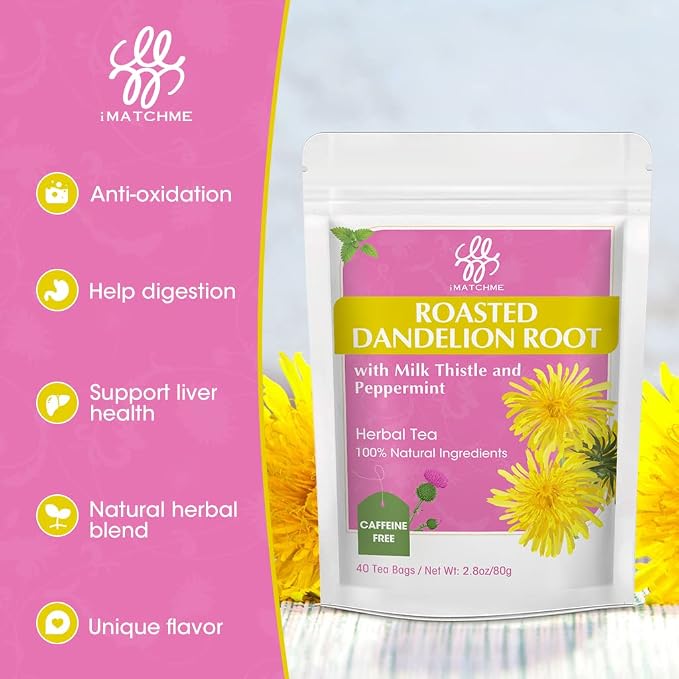 Organic Roasted Dandelion Root Tea with Milk Thistle and Peppermint - Herbal Tea for Cleanse and Digest, 40 bags