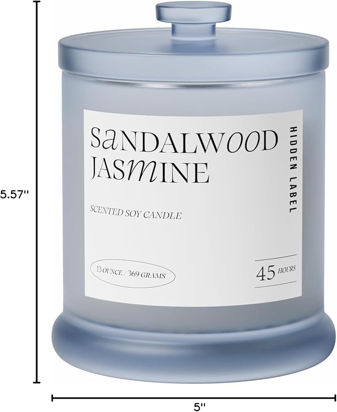Hidden Label Sandalwood Jasmine Candle, 13oz 2-Wick Soy, 45H Aromatherapy | 45+ Hour Burn | Woody Floral Essential Oils | Non Toxic Plant Wax | Frosted Glass Home Decor | Meditation Gift