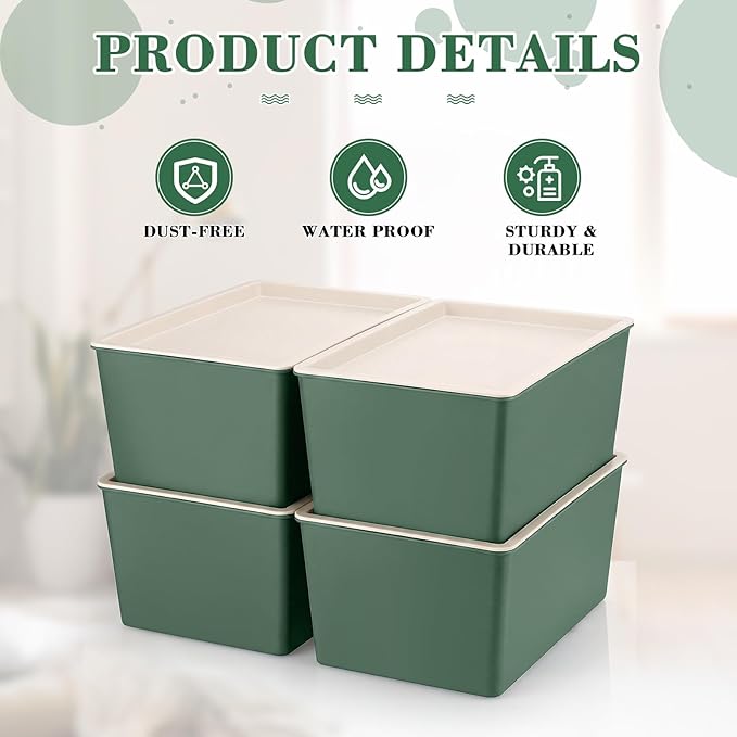 4 Pcs Storage Bins with Lids Plastic Stackable Containers for Classroom Room Organizing Shelves Christmas Ornament Box Baskets(Green,Large)
