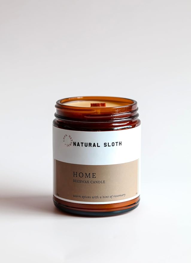 Home Natural Sloth 9 oz Beeswax Candle with Pure Essential Oils, Non-Toxic, Made Safe® Certified, Wooden Wick, Clean Burning (Home)