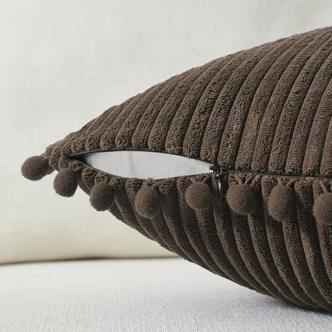 Fancy Homi Pack of 2 Dark Brown Decorative Throw Pillow Covers 24x24 Inch with Pom-poms for Couch Bed, Soft Corduroy Solid Square Cushion Case 60x60 cm, Farmhouse Boho Home Decor
