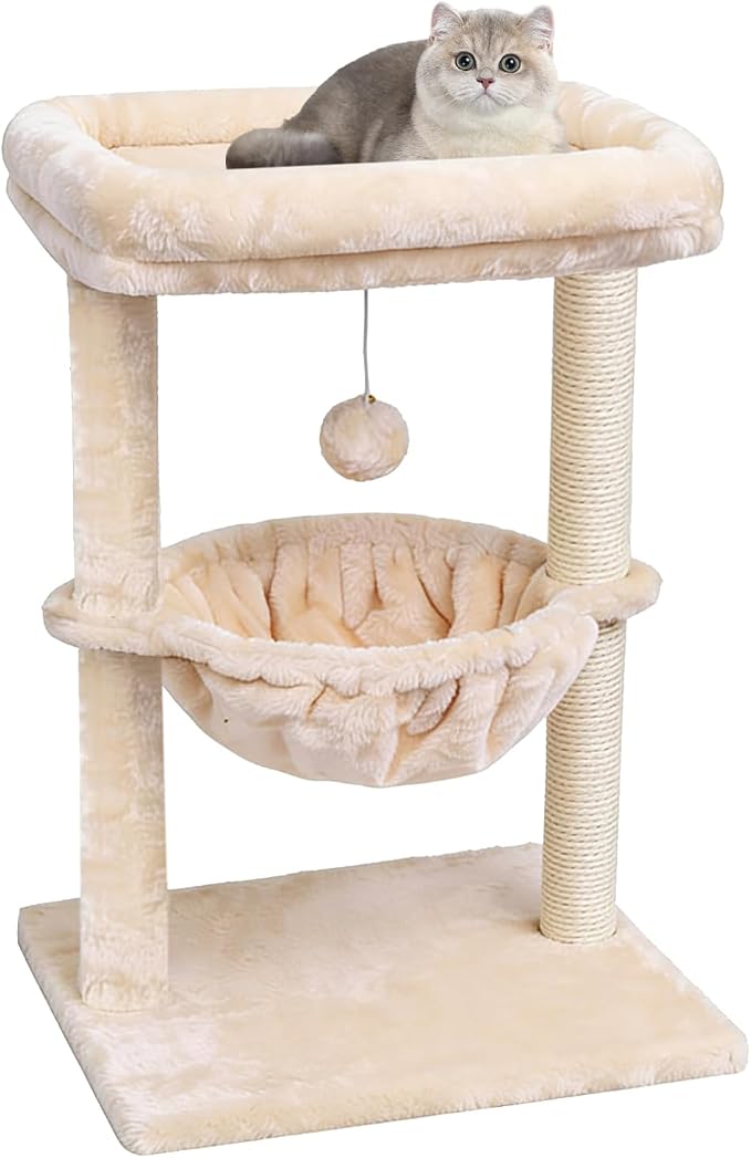 SYANDLVY Small Cat Tree for Indoor Cats, Activity Cat Tower with Scratching Post for Kittens, Cat Furniture with Basket & Hanging Ball for Play Rest, Beige | Scratching Post, Cat Furniture with Basket & Hanging Ball for Play Rest, Beige