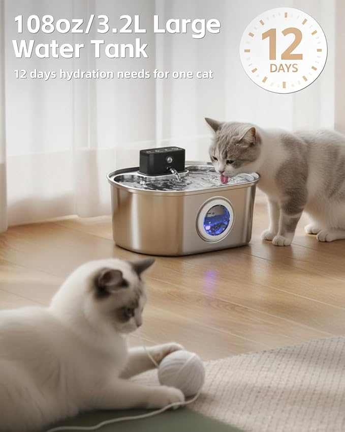 Cordless 3.2L/108oz Stainless Steel Cat Water Fountain Pet Fountain | Rechargeable Pet Water Dispenser - Motion Sensor Activation - Multi-Layer Filtration - Ultra-Quiet Pump (1 Filters)