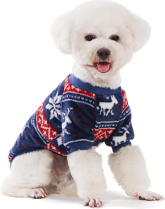 FabriCastle Christmas Dog Sweater, 2-Pack Dog Clothes XXS, Ultra Soft and Warm Pet Jackets for Small Dogs & Cats, Winter Pet Apparel Costumes, Puppy Outfits (Red,Blue, XX-Small)