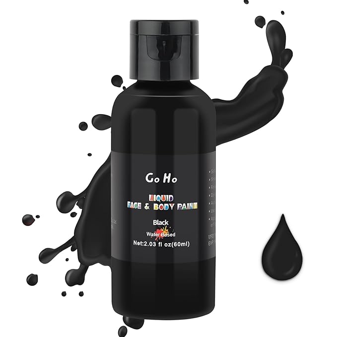 Go Ho Liquid Black Face Body Paint(2.1 oz),Black Makeup Water Based Face Paint and Body Paint for Airbrush Makeup Special FX, Cosplay, and Halloween Make up