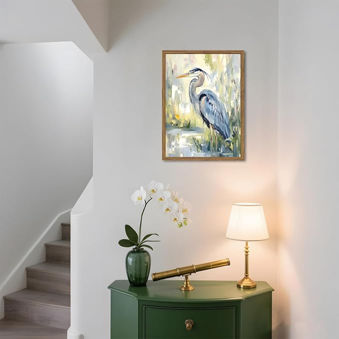 Framed Blue Heron Wall Art, Watercolor Sea Bird Pictures Wall Decor, Coastal Nature Wildlife Animal Paintings Canvas Prints for Living Room Bedroom Bathroom Office Home Decor 16x24 inch