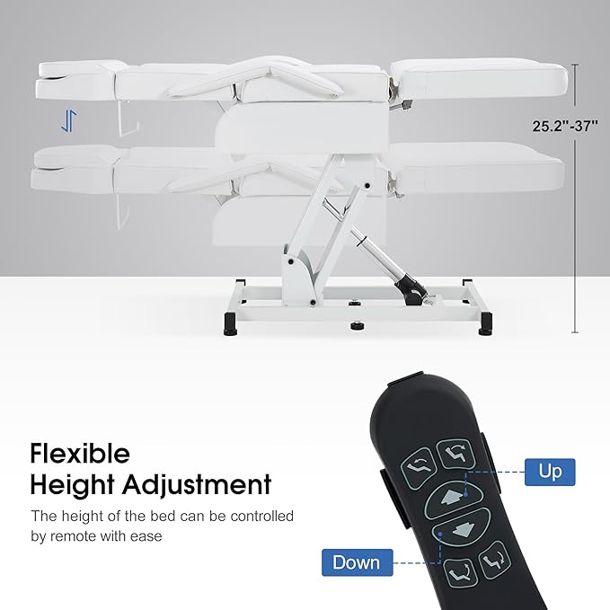 BarberPub Fully Electric Facial Bed with 3 Motor for Esthetician, Electric Tattoo Chair for Client, Facial Bed for Esthetician, Electric Adjustment 2751 (White, Height (Flat): 24"–33")