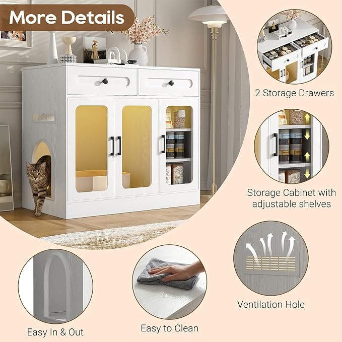 Cat Litter Box Enclosure Furniture with Glass Doors & LED Light, Large Hidden Litter Box Cabinet with Drawers and Adjustable Shelf, Modern Cat Litter Box Cover Side Entry for Living Room Bedroom,White