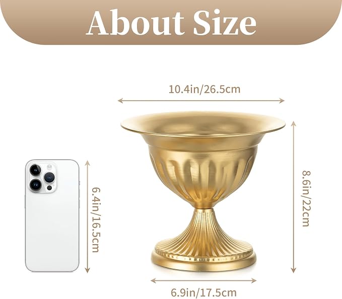 Sziqiqi Gold Metal Urn Compote Vase, Flower Wedding Centerpieces, 2Pcs | 10.6in Tall, Golden Floral Centerpiece Pedestal Bowl Vases, Flower Arrangements for Wedding, Party, Birthday, Event