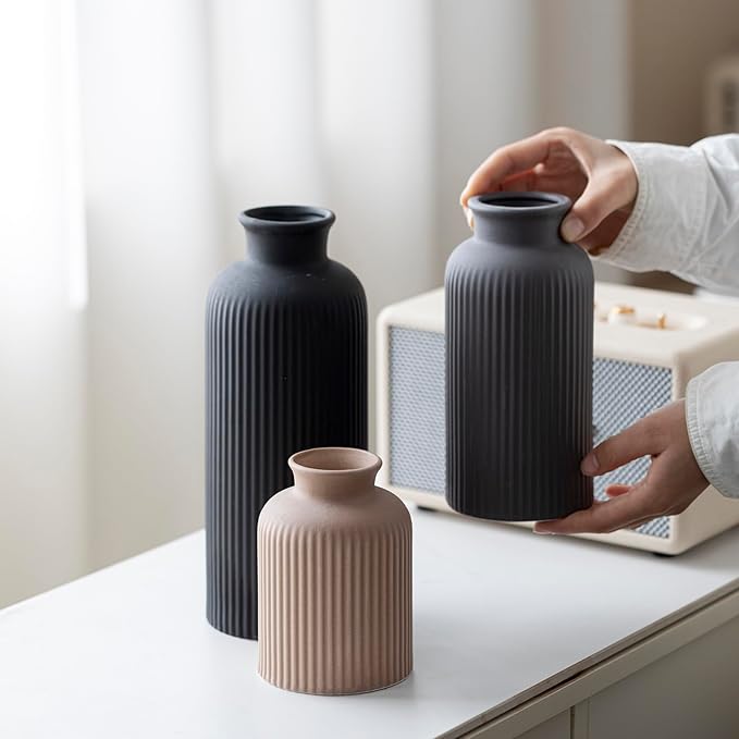 Large Modern Ceramic Vase Set, Black Ribbed Matte Finish, 3-Piece Decorative Vases for Home Living Room Office, 10 inch Tall, 4 inch Width (XL Black Mix)