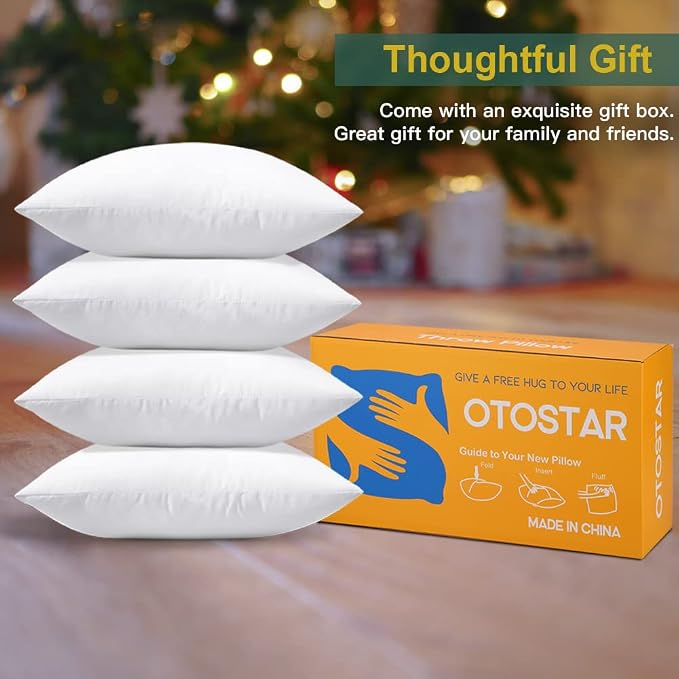 OTOSTAR Pack of 4 Throw Pillow Inserts, 16 x 16 Square Cushion Inner Soft Fluffy Plump Stuffer Cushion Pads White Decorative Pillow Inserts