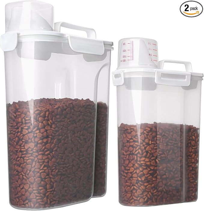 TIOVERY Dog Food Storage Container, 5-7 Lbs Airtight Pet Food Container, Cat food Container Dispenser with Portable Handle, Pouring Spout and Measuring Cup for Dogs Cats 2Pack White/6Qt