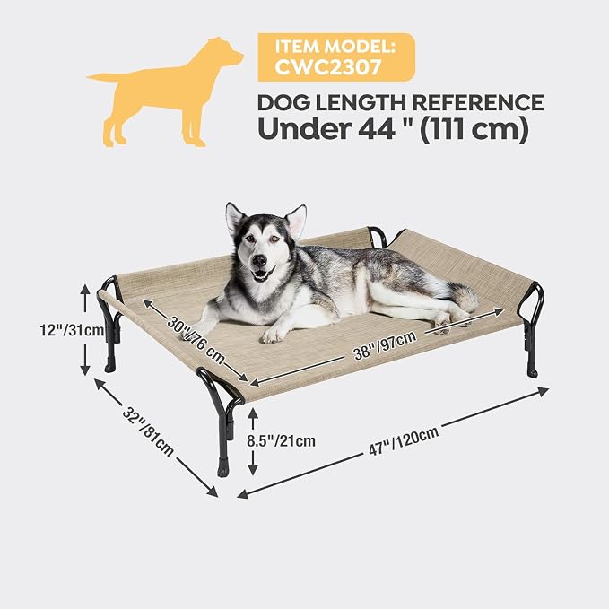 Veehoo Cooling Elevated Dog Bed, Raised Dog Cot with Guardrail & Headrest | Washable Dog Couch Bed for Indoor & Outdoor, Durable Breathable Teslin Mesh, Non-Slip Feet, Large 47" x 32", Beige Coffee