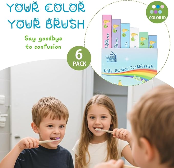 Tooth HaHa Kids Bamboo Toothbrushes, BPA-Free Soft Bristles, Eco-Friendly Natural Wooden Toddler Toothbrush, 6-Pack Travel Toothbrushes Set for Children