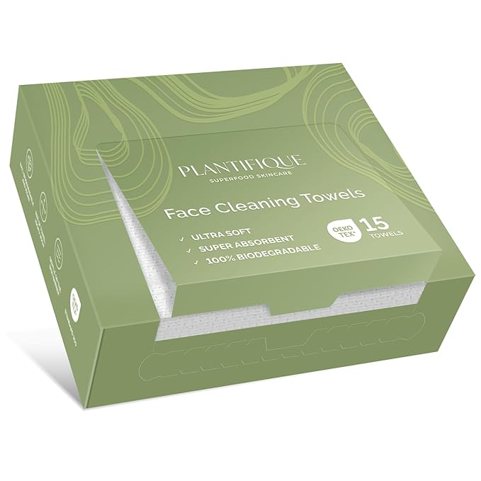 PLANTIFIQUE Disposable Face Towels XL 10"x12" - 100% Biodegradable Viscose Facial Towelettes for Women Skin Care - Face Cleaning Towel 15 Count