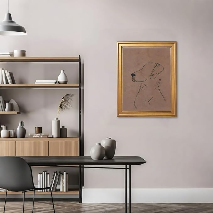 Gold Framed Minimalist Dog Sketch Wall Art Painting Neutral Line Drawing Dog Portrait Print Modern Pet Lover Picture Poster Simple Aesthetic Canvas Artwork for Room Bedroom Office Home Decor 24x36inch