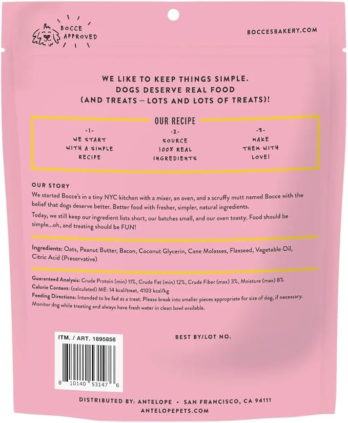 Bocce's Bakery Bac' N Nutty Soft & Chewy Peanut Butter & Bacon Recipe Natural Dog Treats, Wheat-Free, 2 lb (Pack of 1) | All-natural recipe with real ingredients baked in small batches—ideal training rewards or everyday snacks for dogs