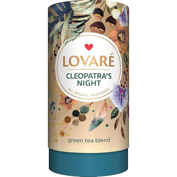 LOVARE Cleopatra’s Night Premium Loose Leaf Green Tea - 80 g (2.82 oz) with 15 Disposable Paper Filters - Exotic Green Tea Blend with Pineapple, Rose Buds & Petals - Made in Ukraine
