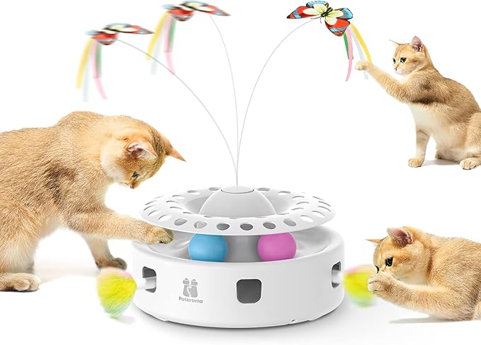 Potaroma Cat Toys 3in1 Automatic Interactive Kitten Toy, Fluttering Butterfly, Moving Feather, Track Balls, Dual Power Supplies, USB Powered, Indoor Exercise Kicker (Bright White) | Fluttering Butterfly, Moving Feather, Balls, Dual Power Supplies, USB ...