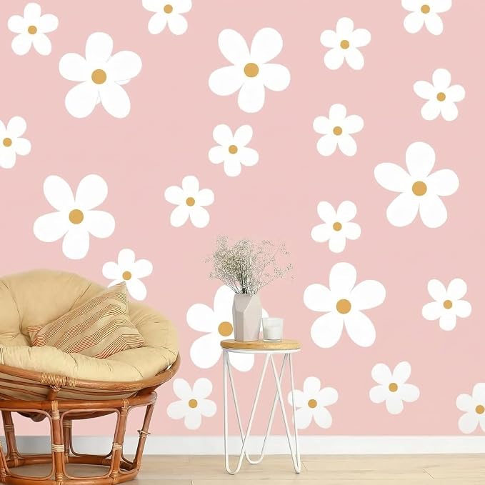 TaoBary 12 Sheet Daisy Wall Sticker Decal,White, Yellow,Stylish Style | Big Flower Wall Sticker, Pink White Floral Decal, Daisy Bedroom Room Decor, Removable Peel and Stick, Nursery Home Wall Decor
