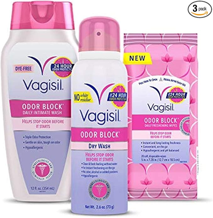 Vagisil Odor Block Multipack for Women, Daily Intimate wash, 20 Feminine Wipes, and Dry Wash Deodorant Spray - Gynecoligist Tested