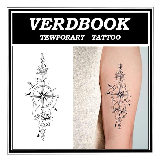 Waterproof Temporary Tattoos: 2-Sheet Tattoo Kit with Realistic Body Stickers, Semi-Permanent Tattoos for Adults Lasting 7-15 Days – Safe for Men & Women, Cardinal Compass