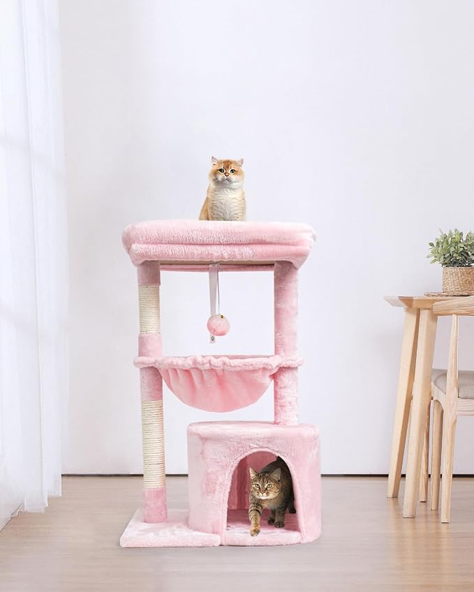SYANDLVY Pink Cat Tree for Indoor Cats, Modern Tower with Scratching Post | Modern Cat House with Padded Perch, Kittens Condo with Cradle, Cat Cave, Pink