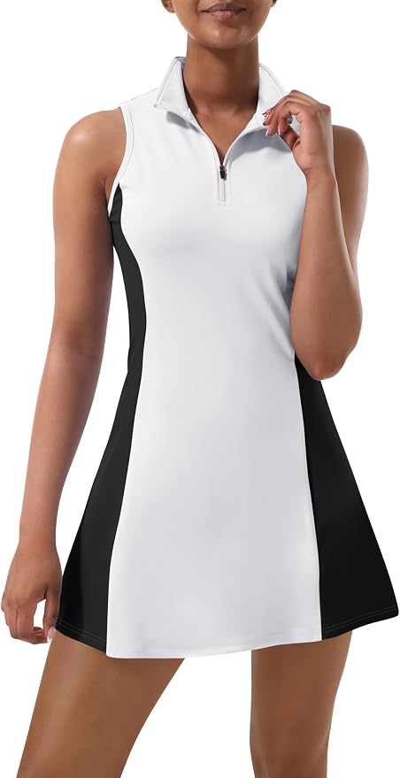 Womens Tennis Dress, Golf Dress with Shorts & Pockets Athletic Dress | Sleeveless Collared Half-Zipper Workout Sport Dress, Stretch Moisture Wicking Fabric, Tennis Golf Outfits