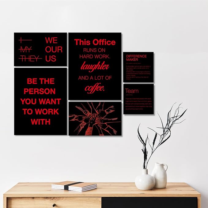 YEOION Motivational Office Wall Art,Inspirational Teamwork Wall Art for Office,Black and Red Positive Teamwork Wall Decor for Workplace Set of 6