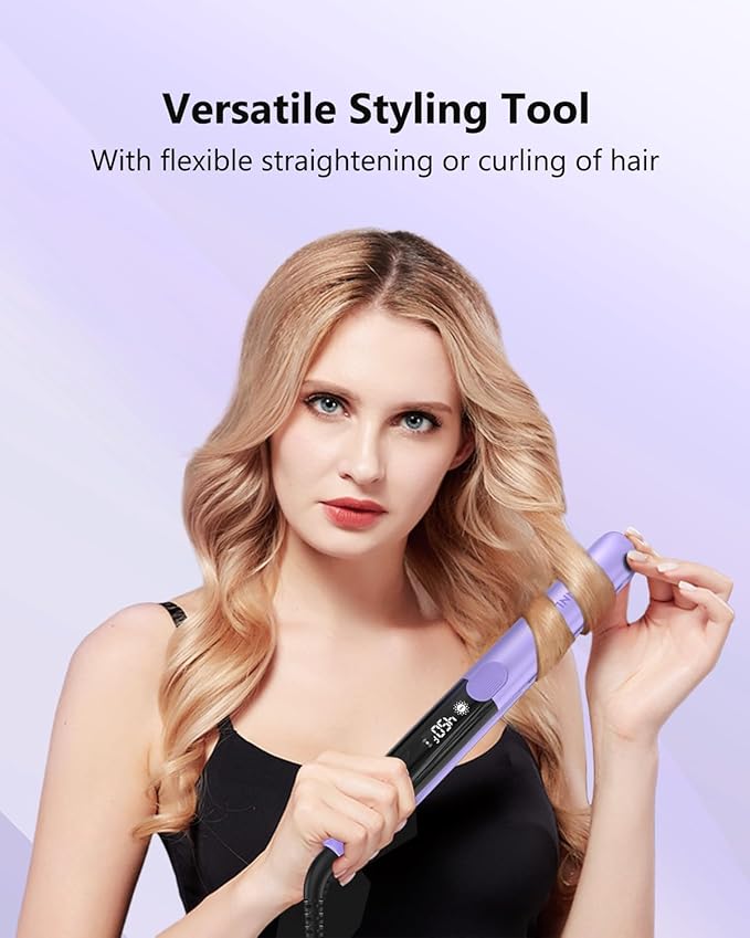 Annlary Hair Straightener 1 Inch Flat Iron and Curler 2 in 1 Titanium Ceramic Ionic Dual Voltage Straightener with Heat-Resistant Silicone, for Less Frizz, Shinier & Smoother
