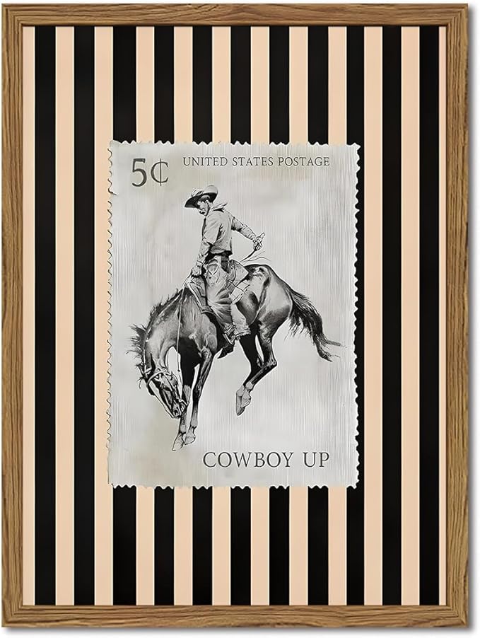 Vintage Western Wall Art, Rodeo Cowboy Horse Postage Wall Decor Mid Century Southwest With Stripes Western Canvas Prints for Living Room Bedroom Bathroom 12x16 inch Framed