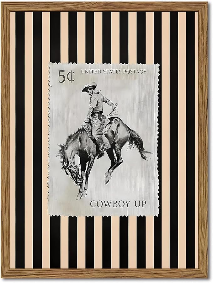 Vintage Western Wall Art, Rodeo Cowboy Horse Postage Wall Decor Mid Century Southwest With Stripes Western Canvas Prints for Living Room Bedroom Bathroom 16x24 inch Framed
