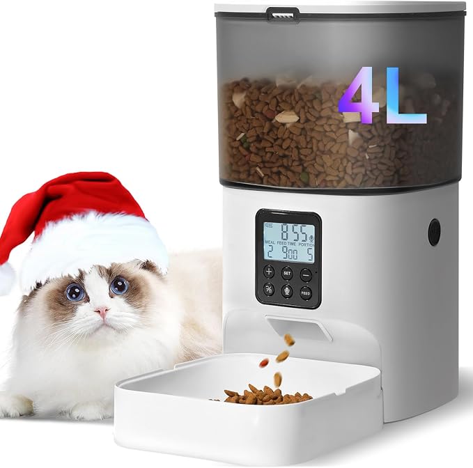 Automatic Cat Feeder, 4L Cat Food Dispenser with 10s Voice Recorder, Pet Feeder up to 8 Meals per Day, Timed Dog Feeder with Dry Food Sealed Ring