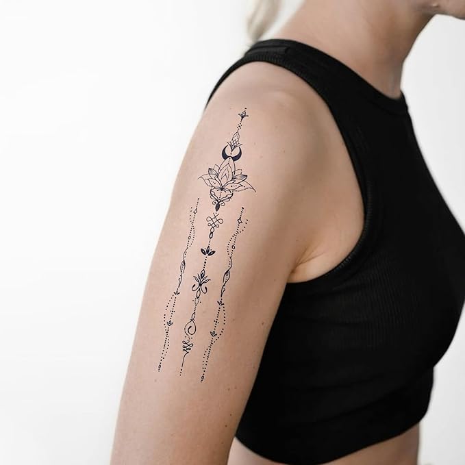 Semi Permanent Tattoos, 2 Weeks Large Realistic Hummingbird and Henna Moon Flower Temporary Tattoos for Women Adults Spine Arm Wrist, Fake Tattoos, Waterproof and Non-Reflective, 2 Sheets