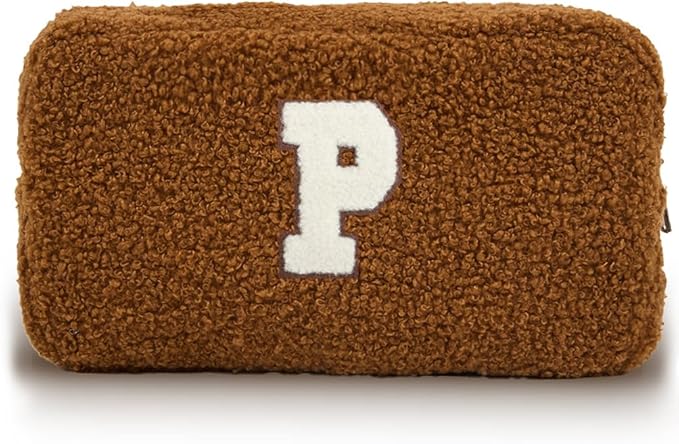 Cute Makeup Bag, Initial Cosmetic Bag, Fuzzy Makeup Bags for Women, Brown Makeup Pouch with Chenille Letter, Monogrammed Gifts for Women, Brown P
