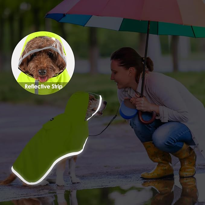 Lukovee Dog Raincoat, Waterproof Rain Jacket, Clear Hood & Reflective Rim | Easy On Off Adjustable Straps, Leash Hole, Soft Mesh Lining, Storage Pocket, Poncho for Small Medium Large Dogs (Green, L)