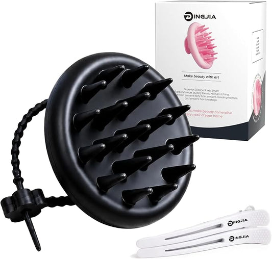 100% Silicone Scalp Massager,Scalp Scrubber for Hair Growth,Black | 1 PCS Gift Box,2 Seamless Hair Clips Included,Soft-touch Grip,Quick lathering,Anti-Dandruff, Wet & Dry Use for All Hair Types
