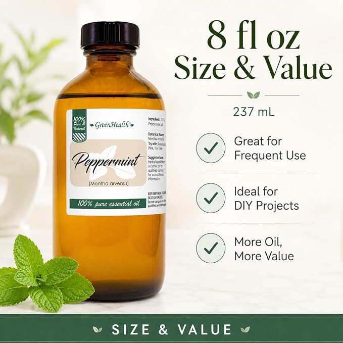 GreenHealth Japanese Peppermint Essential Oil – 8 fl oz – 100% Pure & Uncut – Strong Menthol Aroma – Steam-Distilled