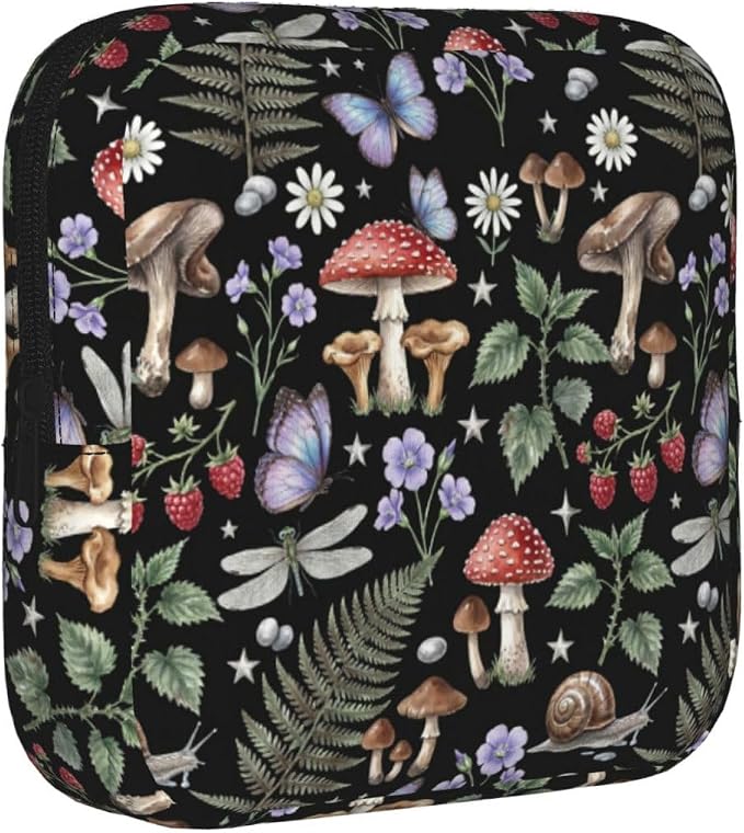 Mushroom Vintage Magic Witch Fern Witchcraft Period Bag For Women,Portable Sanitary Napkin Period Pad Pouch For Purse, Small Make Up Bags