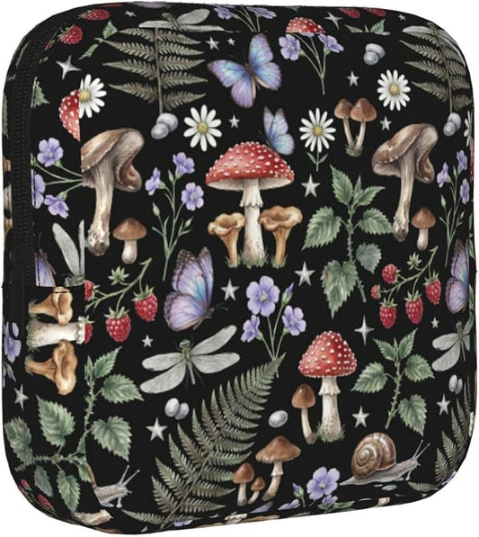 Mushroom Vintage Magic Witch Fern Witchcraft Period Bag For Women,Portable Sanitary Napkin Period Pad Pouch For Purse, Small Make Up Bags