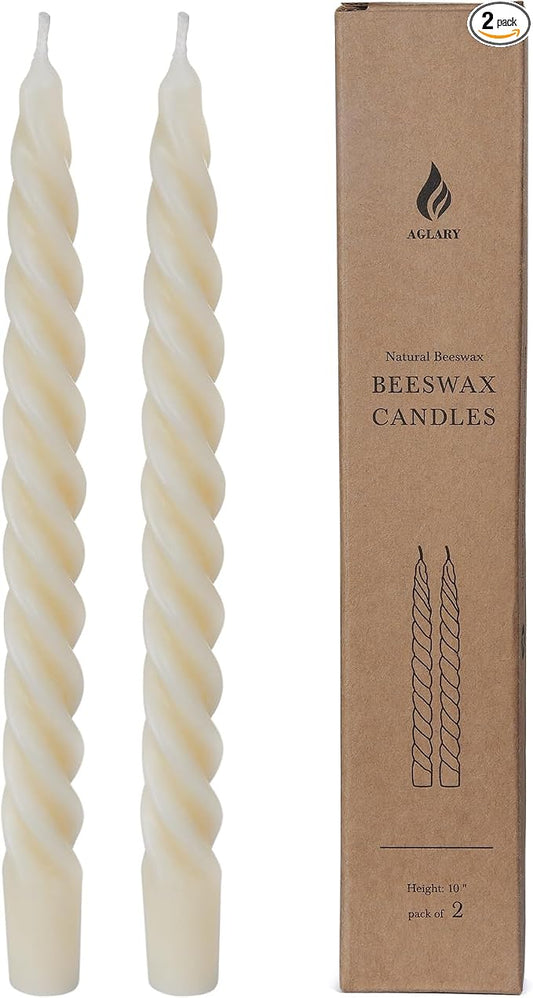 2PCS 10-Inch Pure Beeswax Spiral Taper Candles, Twisted Stick Candles, Dripless & Unscented for Weddings, Christmas, Dinner, Meditation - White