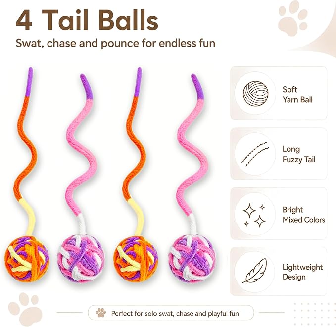 Cat Toys for Indoor Cats, 4 Yarn Balls with Tails & 12 Colorful Springs