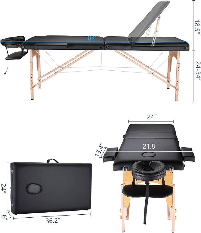 Portable Massage Table Massage Bed Professional SPA Reiki Eyelash Salon Bed, Wooden Frame Height Adjustment & Accessories, Black (3-Section)